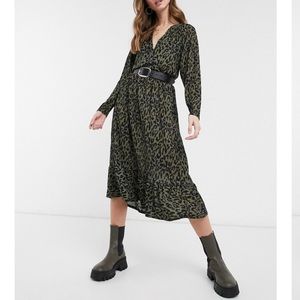 ASOS design midi smock dress with v-neck in khaki animal print size 2